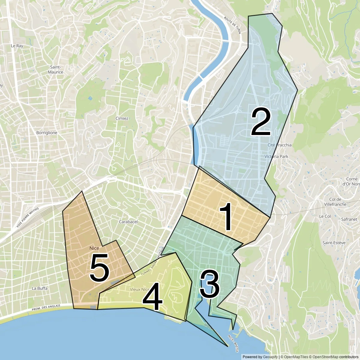 Nice districts map (5 Neighbourhoods)