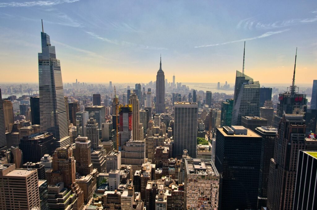 Breathtaking view of New York City Manhattan skyline with the Empire State Building at center