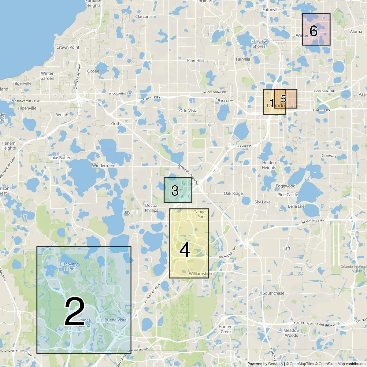Orlando districts map (6 Tourist areas)