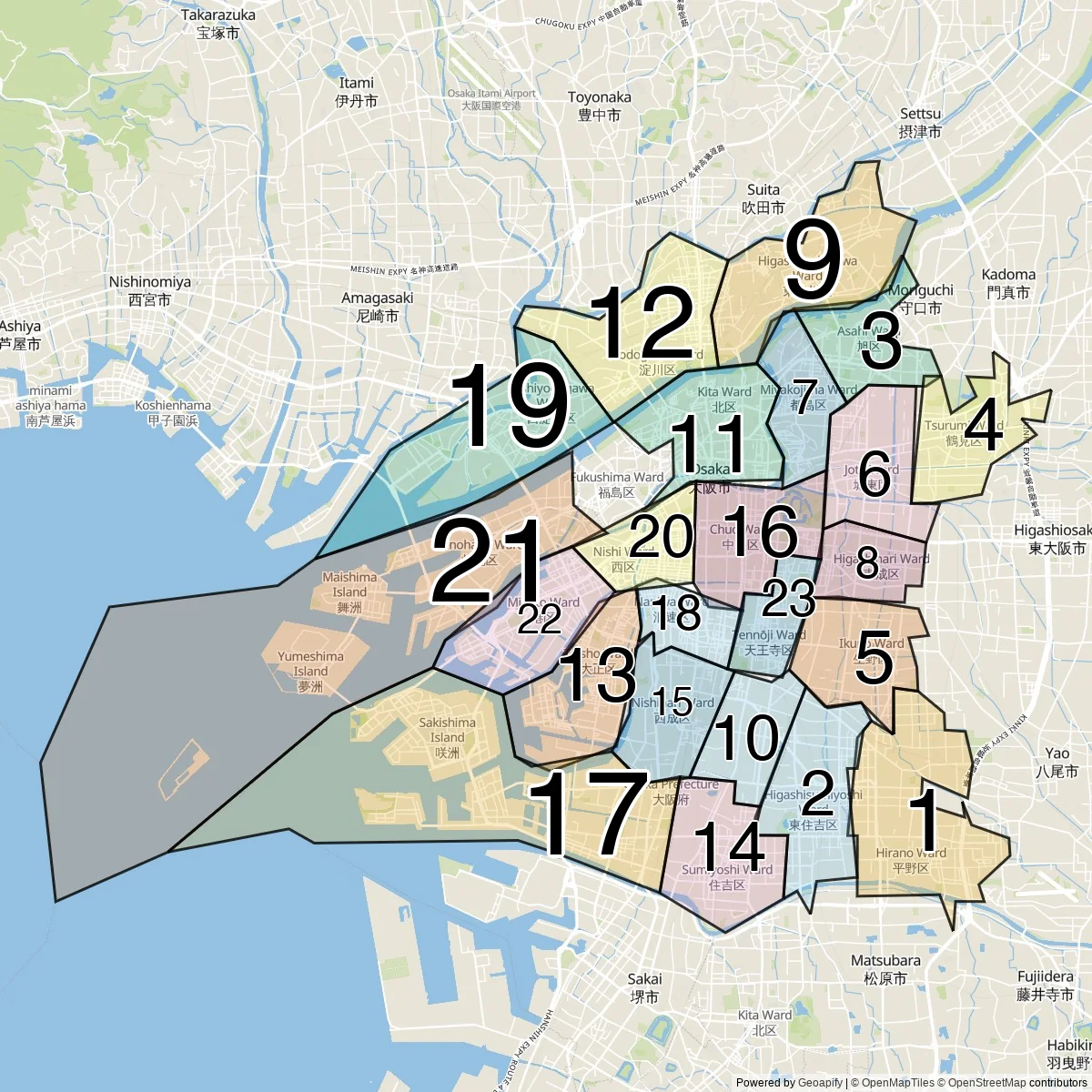 Osaka districts map (23 Wards)