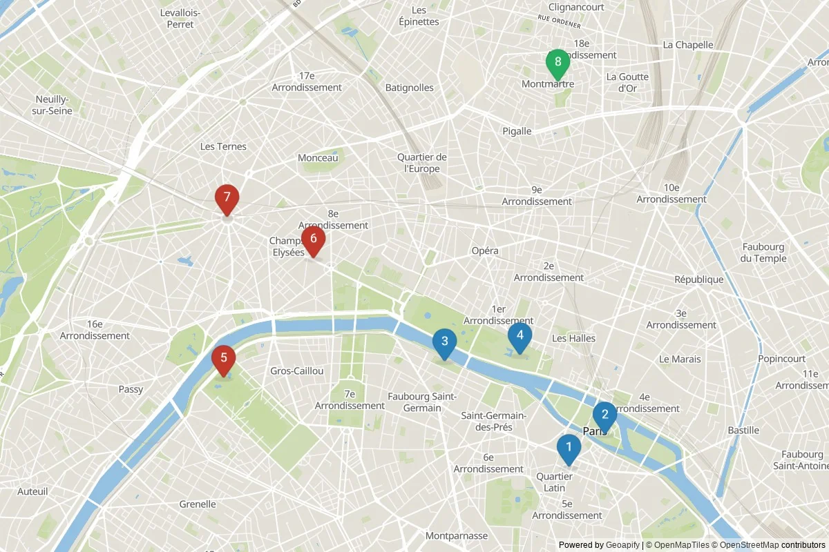 Paris sights map — 8 in-city POIs across 3 cluster(s); day-trips listed in table