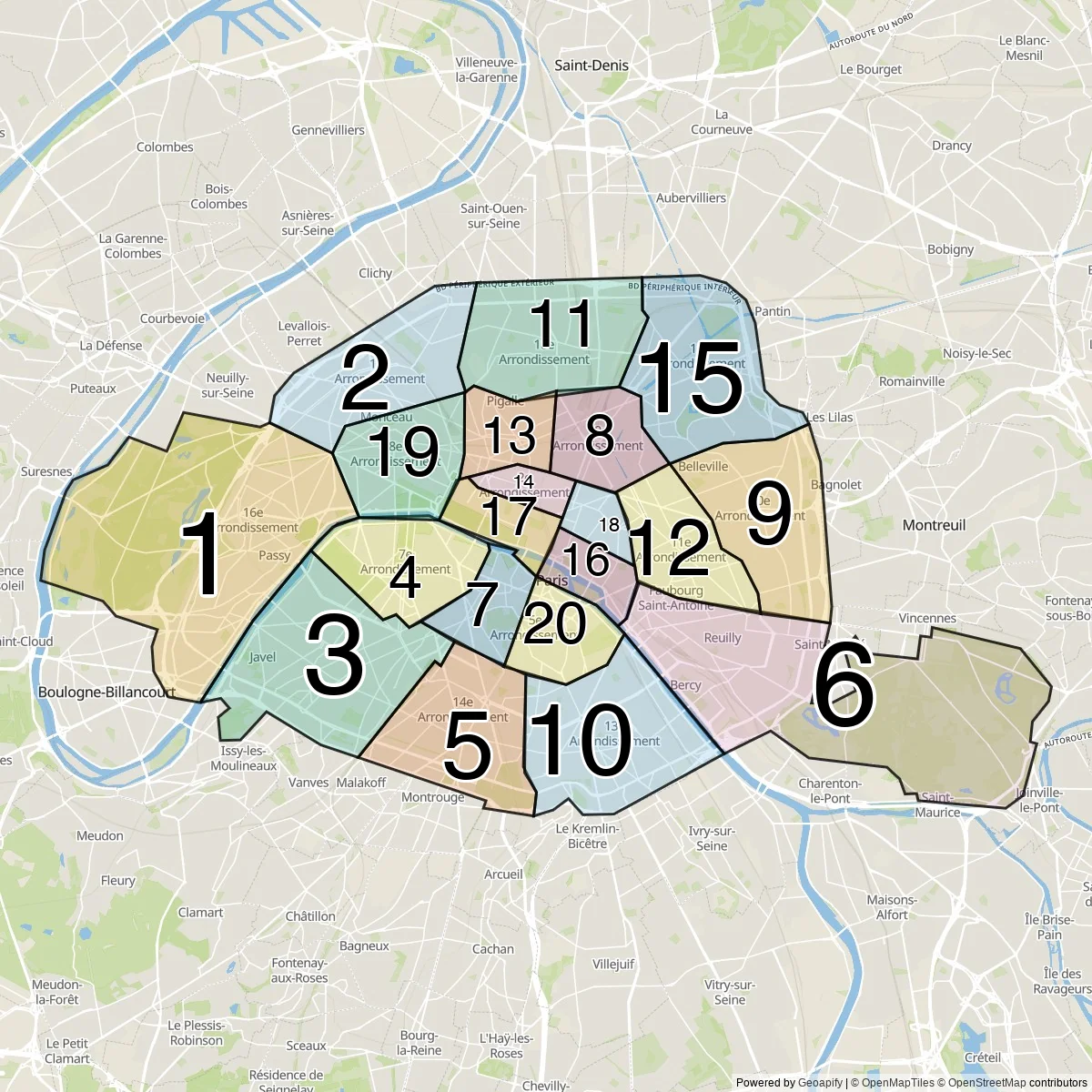 Paris districts map (20 Arrondissements)