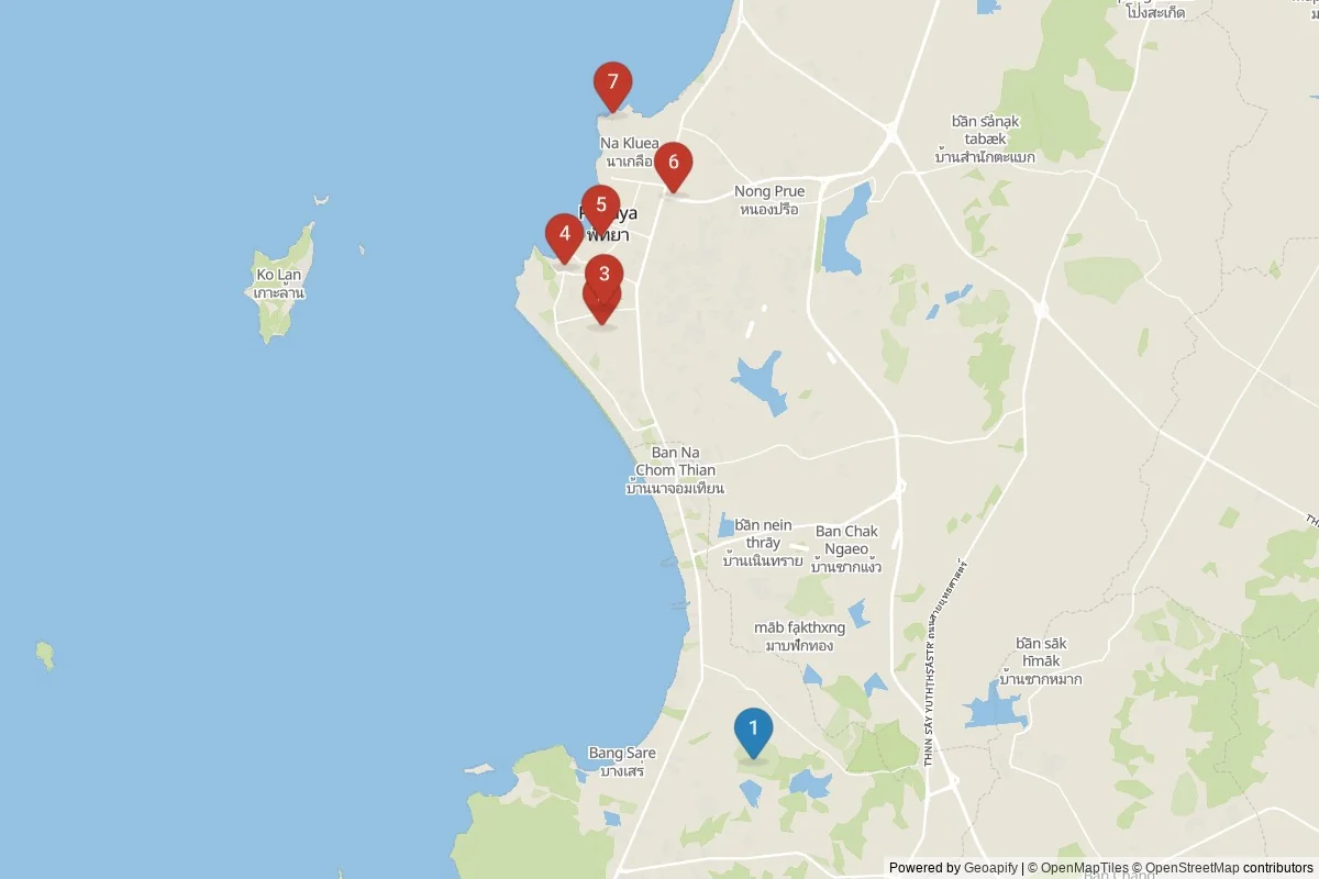 Pattaya sights map — 7 in-city POIs across 2 cluster(s); day-trips listed in table