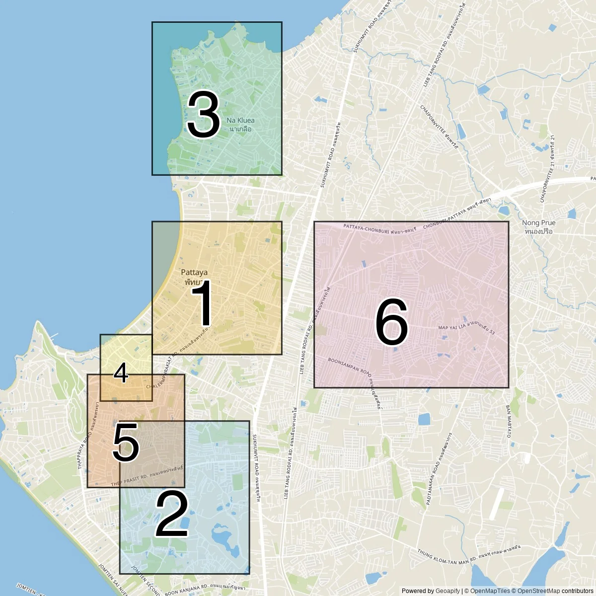 Pattaya districts map (6 Tourist areas)