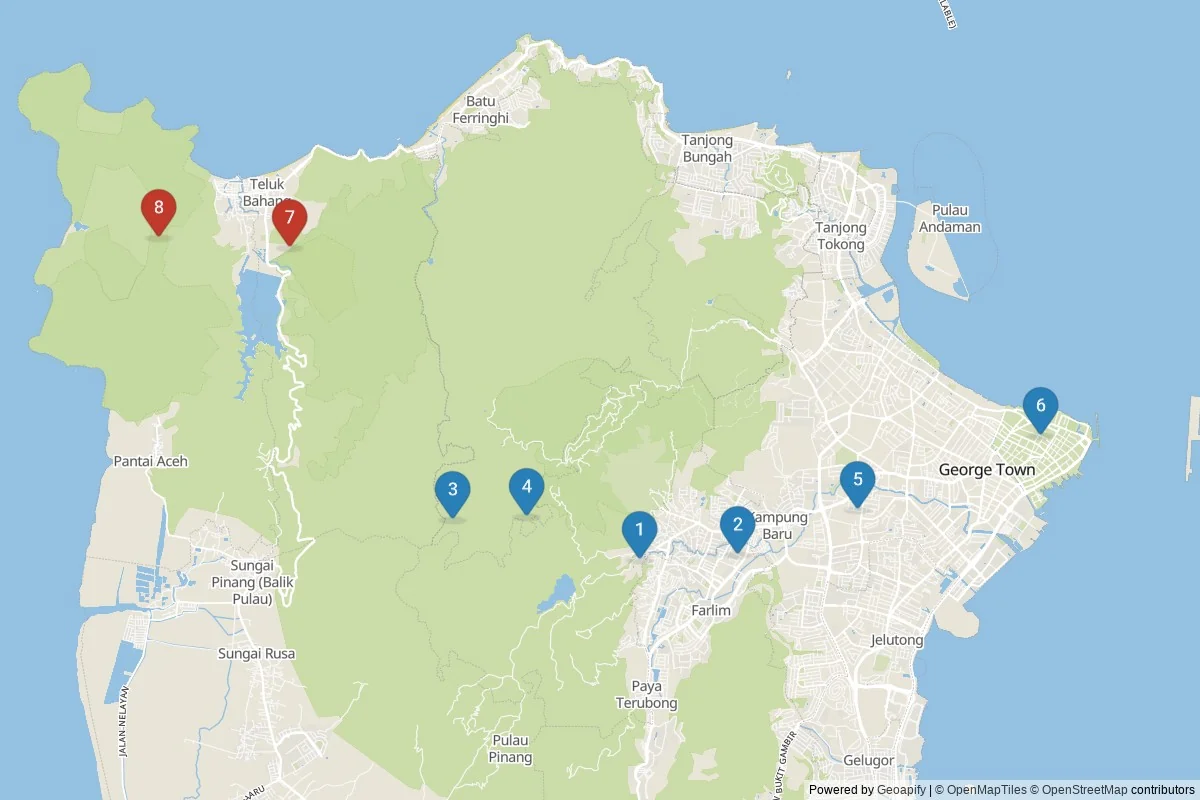 Penang sights map — 8 POIs grouped into 2 cluster(s)
