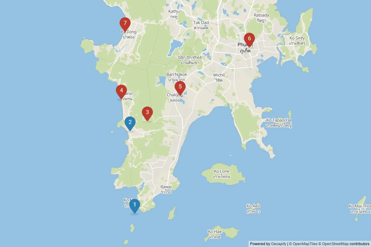 Phuket sights map — 7 in-city POIs across 2 cluster(s); day-trips listed in table