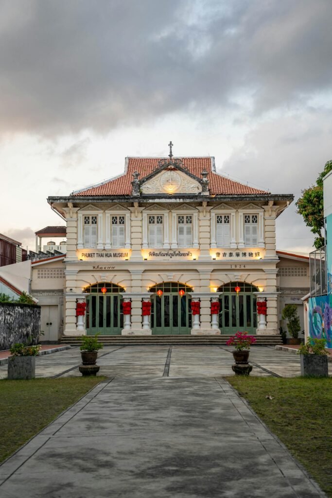 Elegant Sino-Portuguese colonial building in Phuket Old Town at dusk, showcasing the island's tin-mining-era heritage