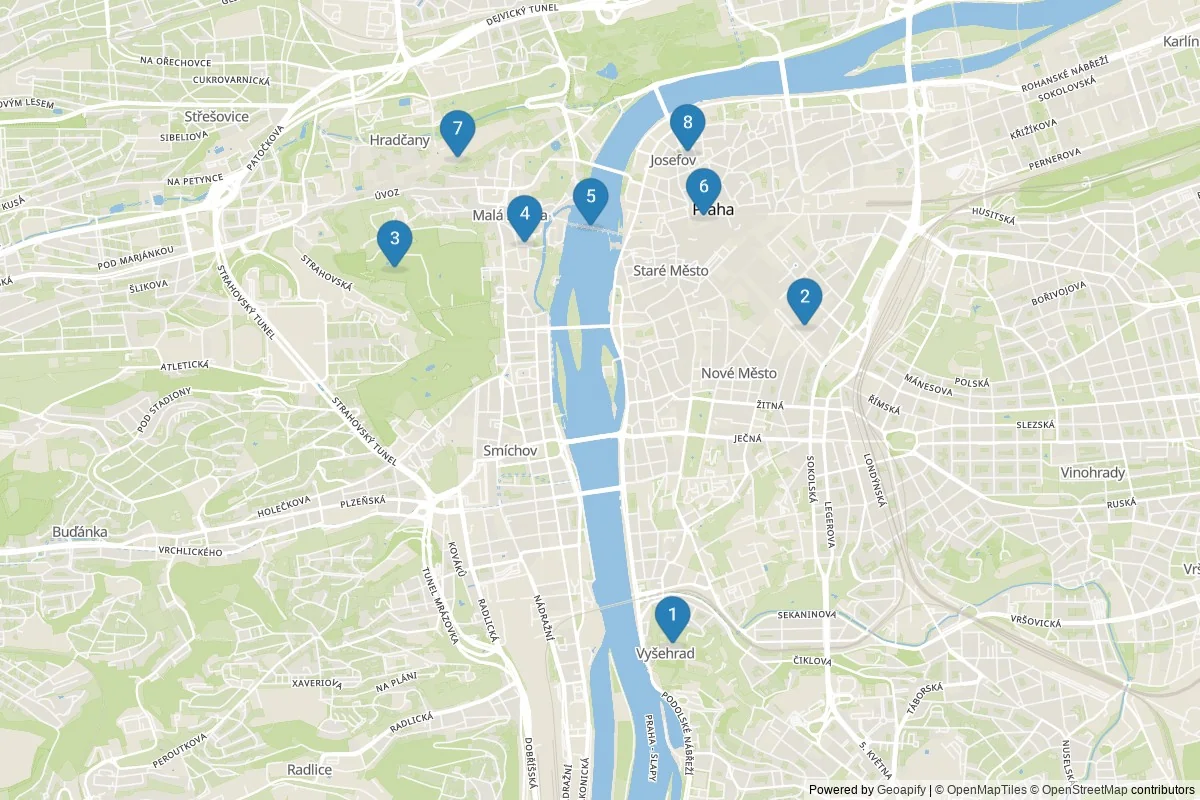 Prague sights map — 8 in-city POIs across 1 cluster(s); day-trips listed in table