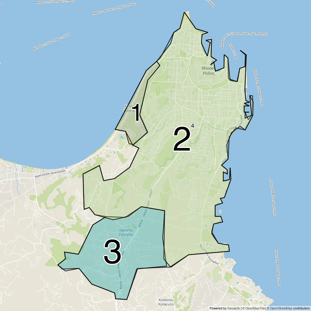 Rhodes districts map (4 Municipalities)