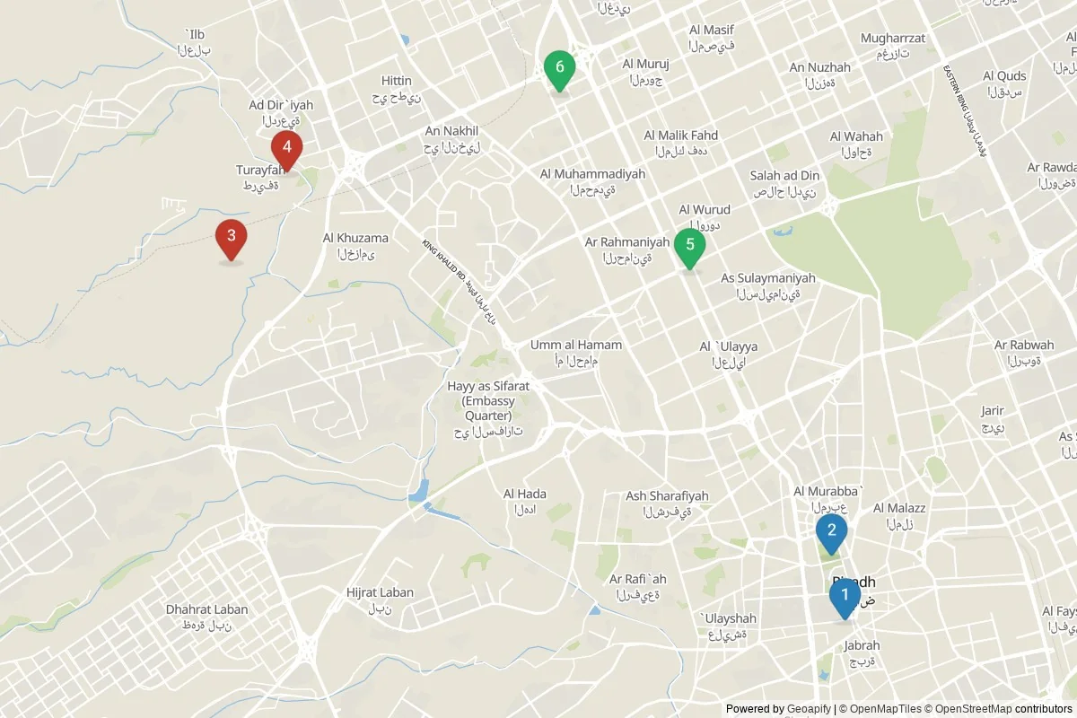 Riyadh sights map — 6 in-city POIs across 3 cluster(s); day-trips in table