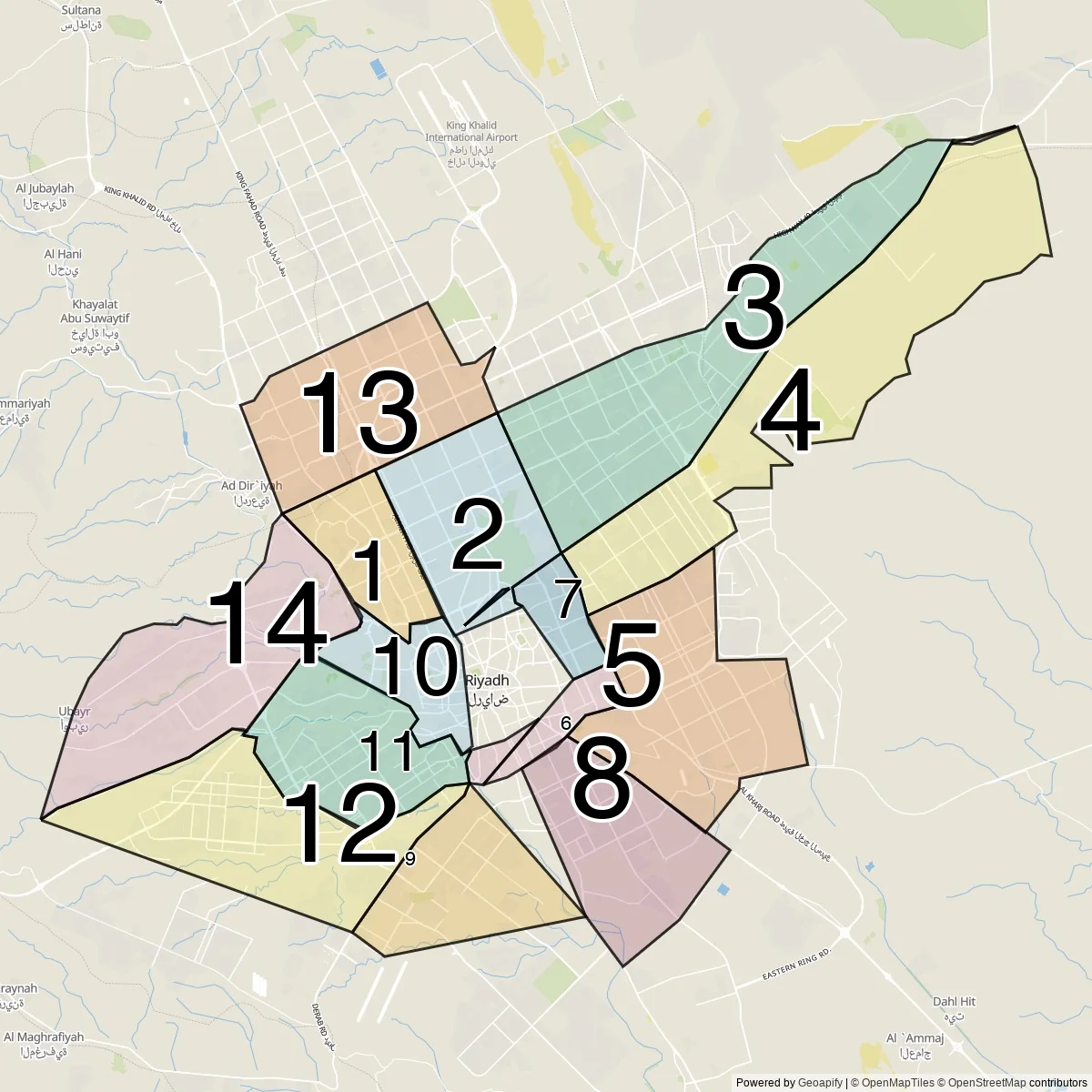 Riyadh districts map (14 Sub-municipalities)