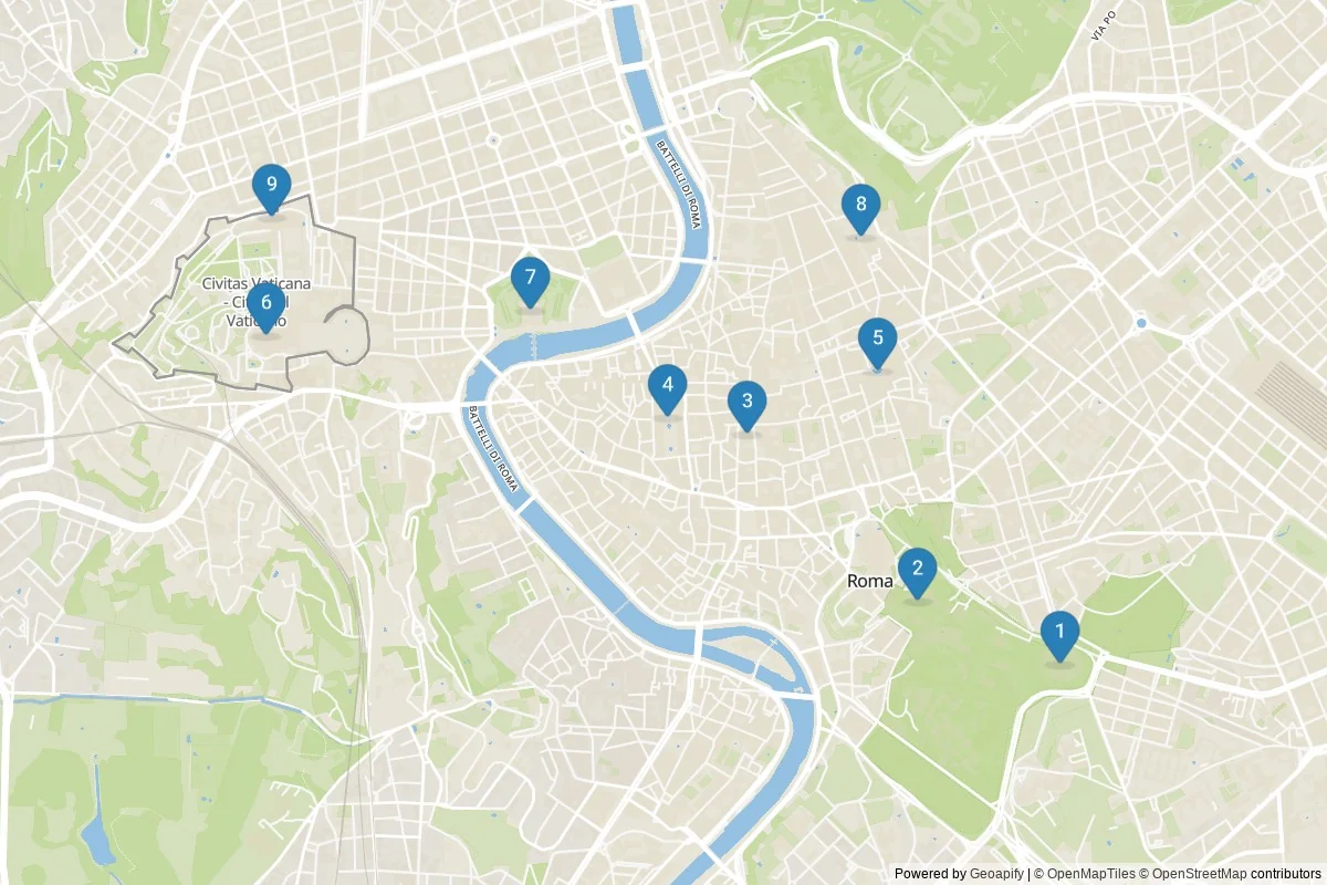 Rome sights map — 9 in-city POIs across 1 cluster(s); day-trips listed in table