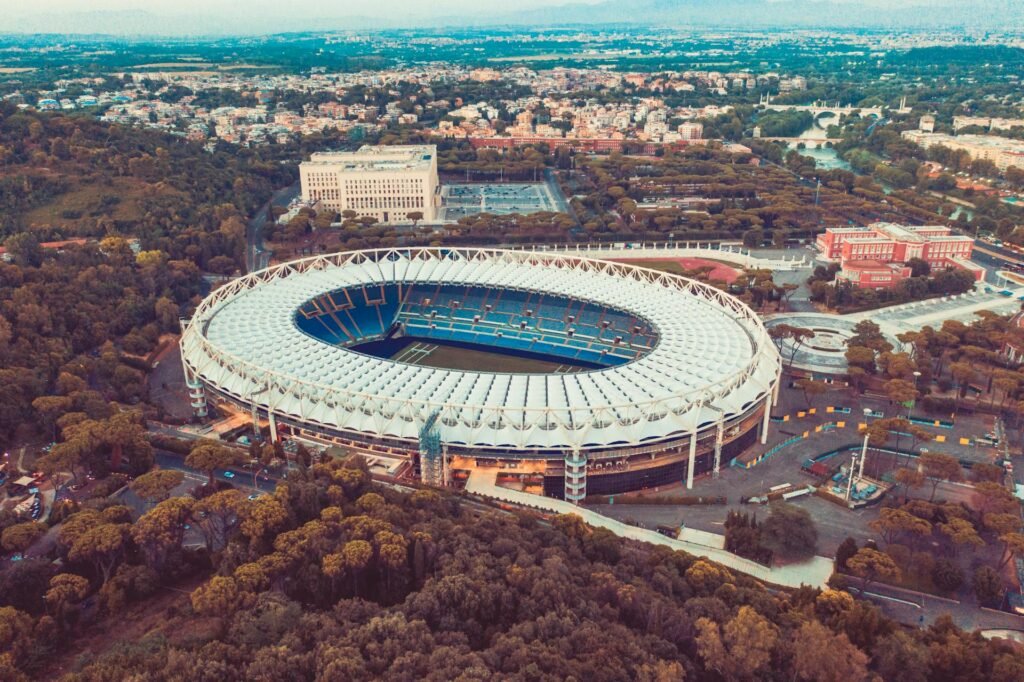 Aerial view of the Stadio Olimpico in Rome, the 73,000-seat home of AS Roma and SS Lazio football clubs