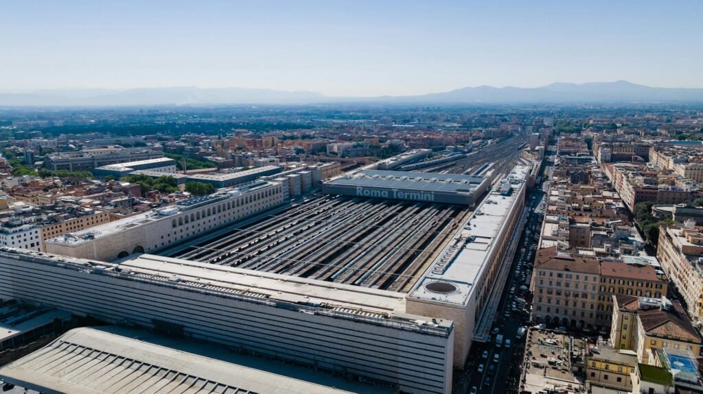 Bustling overhead view of Roma Termini, Italy's busiest railway station, during the day in Rome
