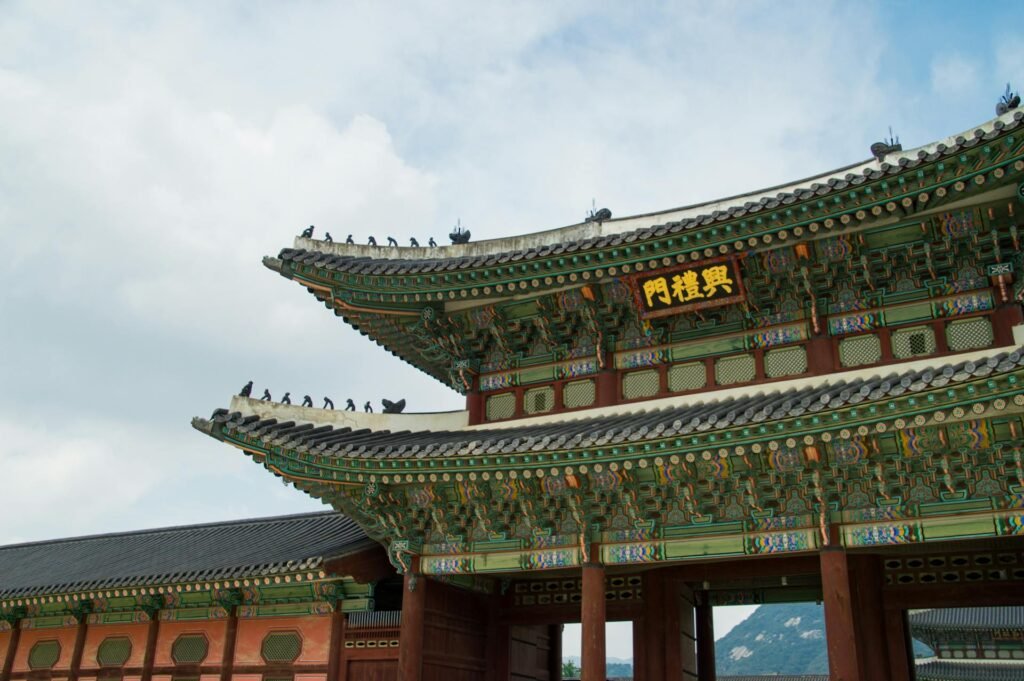 The historic Gyeongbokgung Palace entrance in Seoul showcasing traditional Korean architecture and design