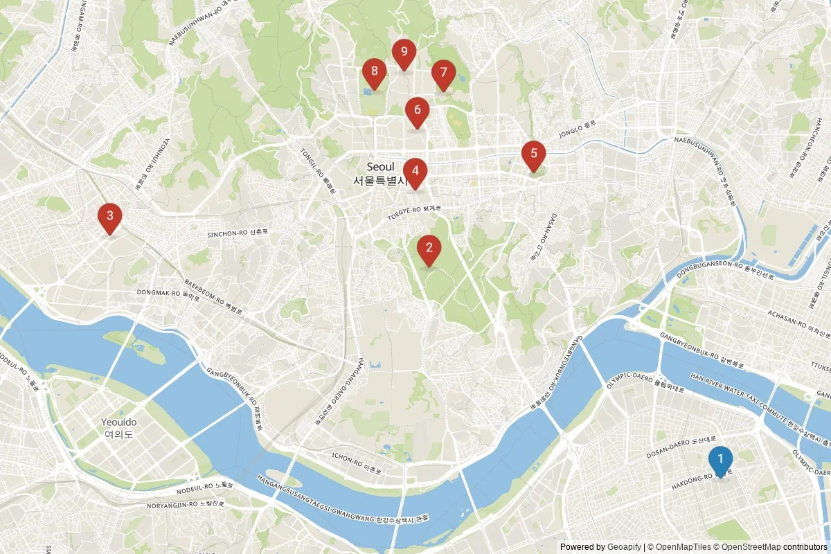Seoul sights map — 9 in-city POIs across 2 cluster(s); day-trips listed in table