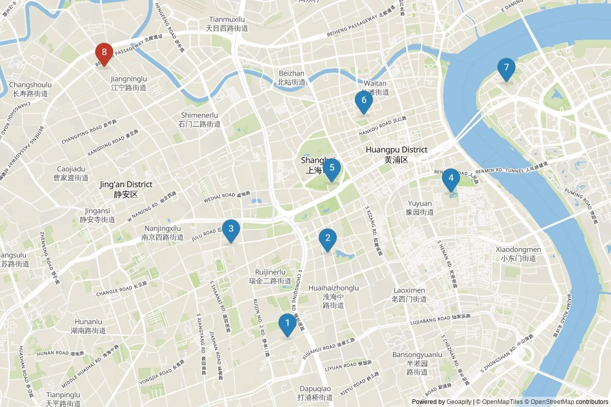 Shanghai sights map — 8 POIs grouped into 2 cluster(s)