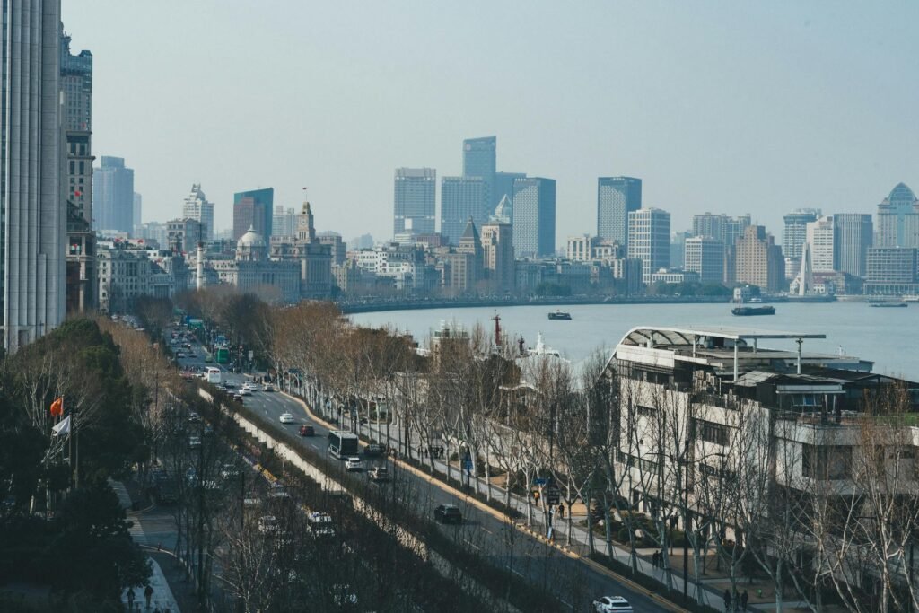 Aerial view of Shanghai's Pudong skyline with skyscrapers across the Huangpu River from The Bund