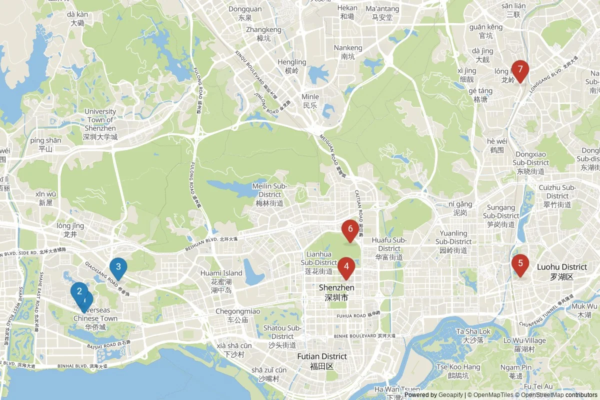 Shenzhen sights map — 7 in-city POIs across 2 cluster(s); day-trips listed in table