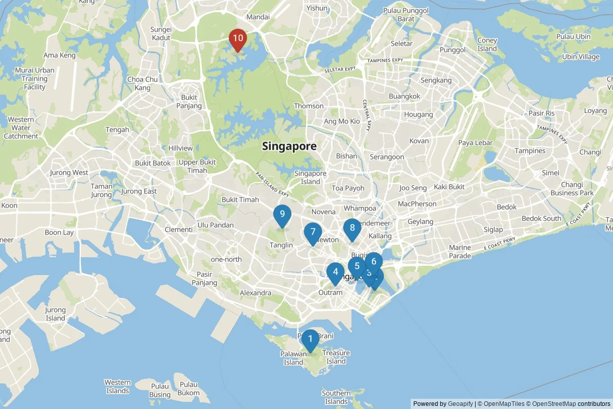 Singapore sights map — 10 in-city POIs across 2 cluster(s); day-trips listed in table