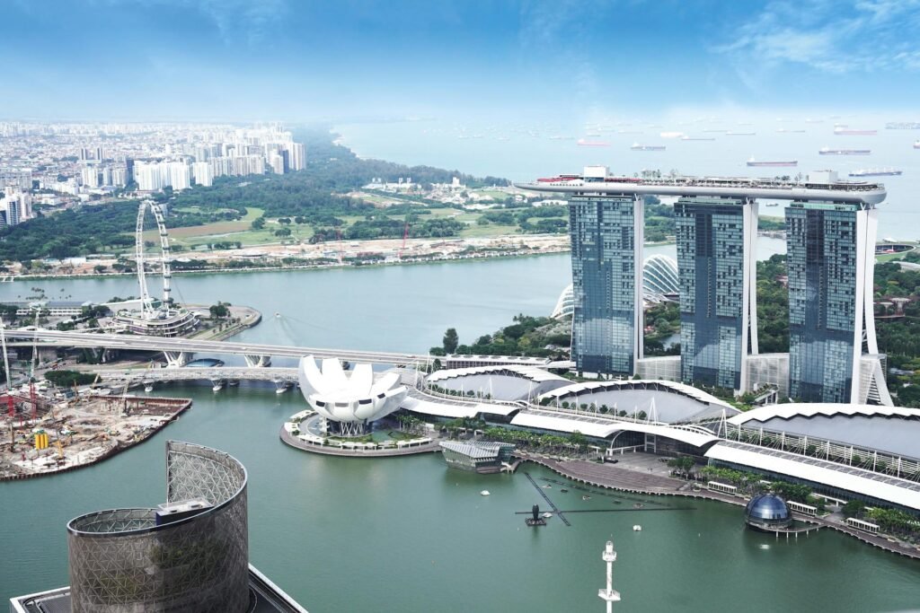 Aerial view of Marina Bay Sands and Singapore skyline on a clear day showing the city-state's compact geography