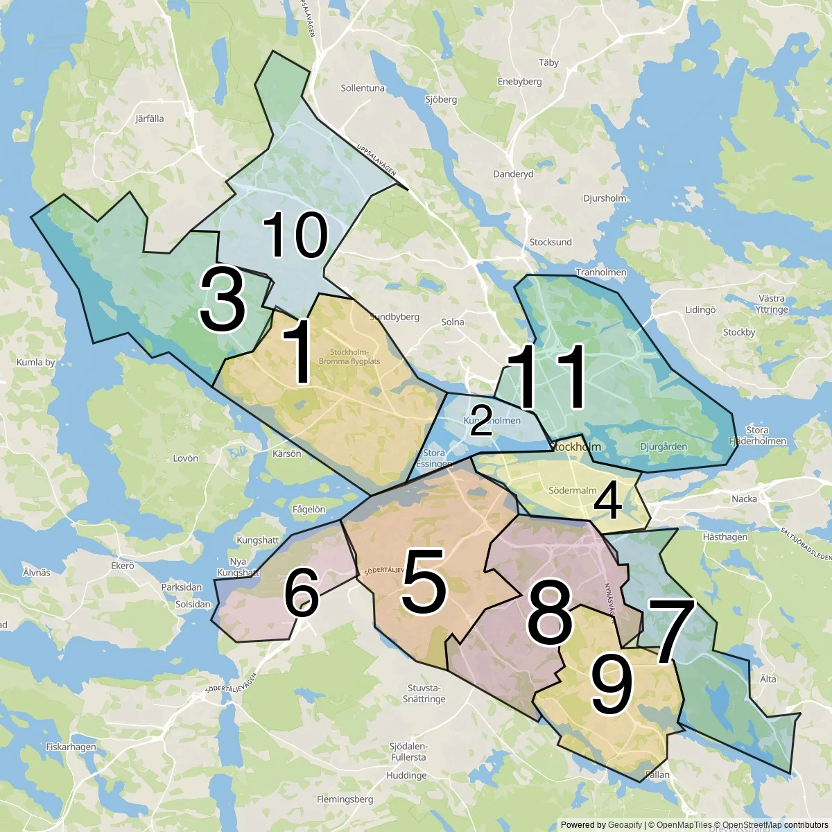 Stockholm districts map (11 Districts)