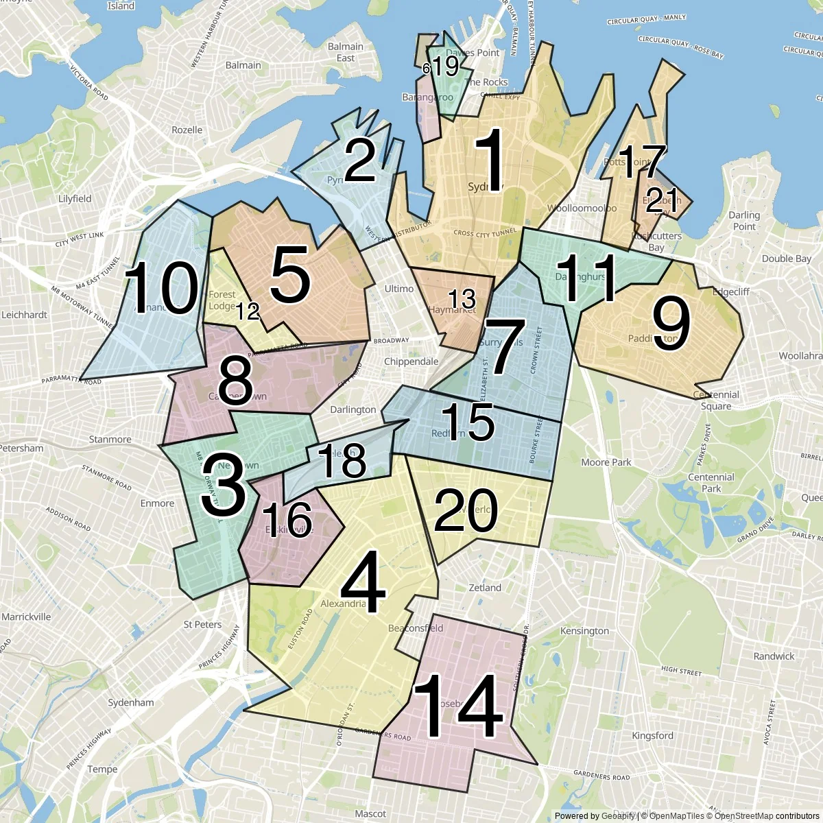 Sydney districts map (21 Suburbs)