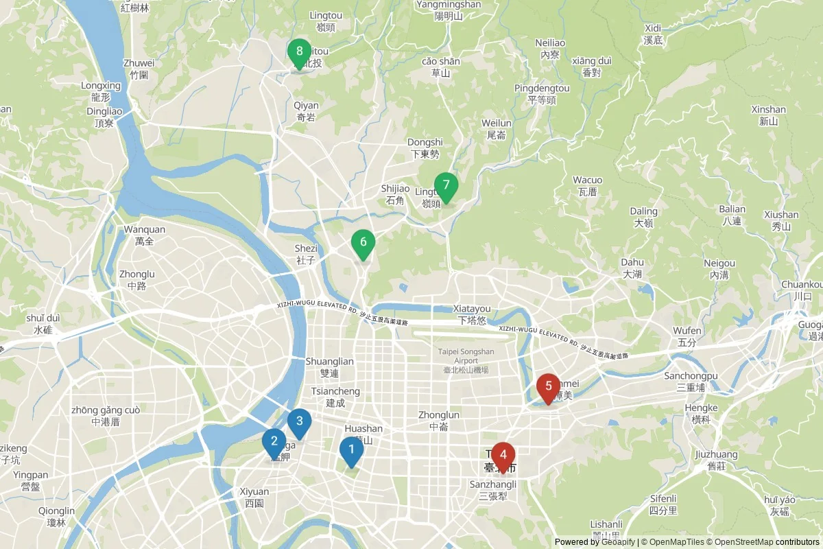 Taipei sights map — 8 in-city POIs across 3 cluster(s); day-trips listed in table
