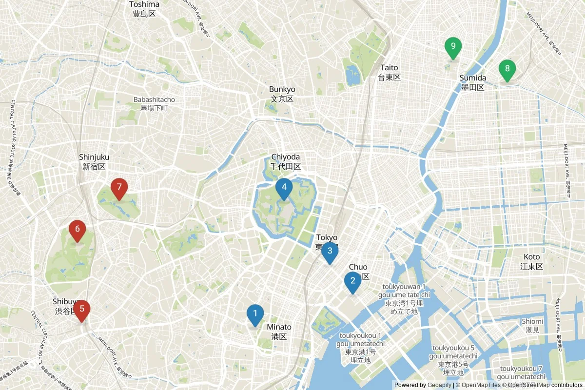 Tokyo sights map — 9 in-city POIs across 3 cluster(s); day-trips listed in table