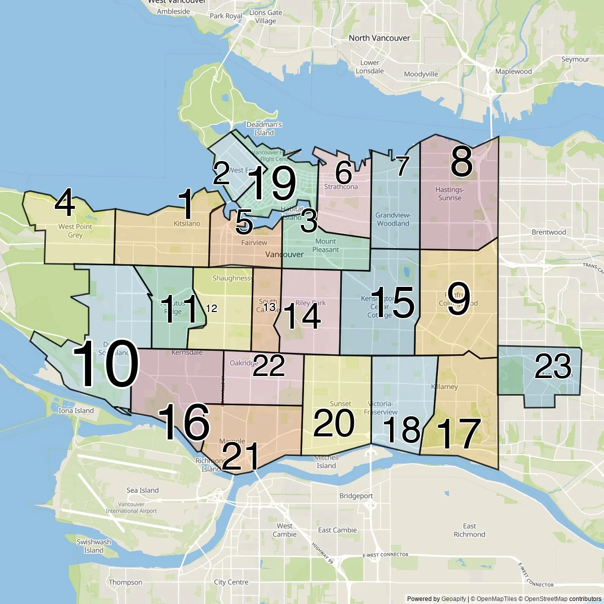 Vancouver districts map (23 Neighbourhoods)