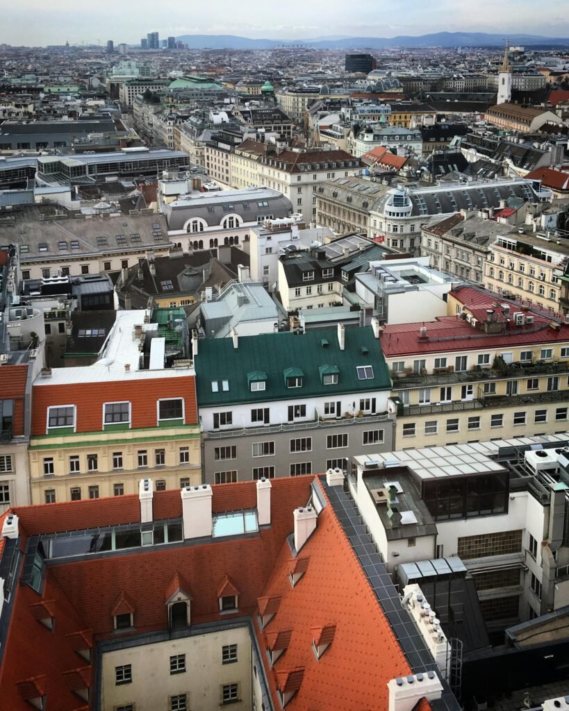 Panoramic aerial view of Vienna's historic old town and the spire of St. Stephen's Cathedral