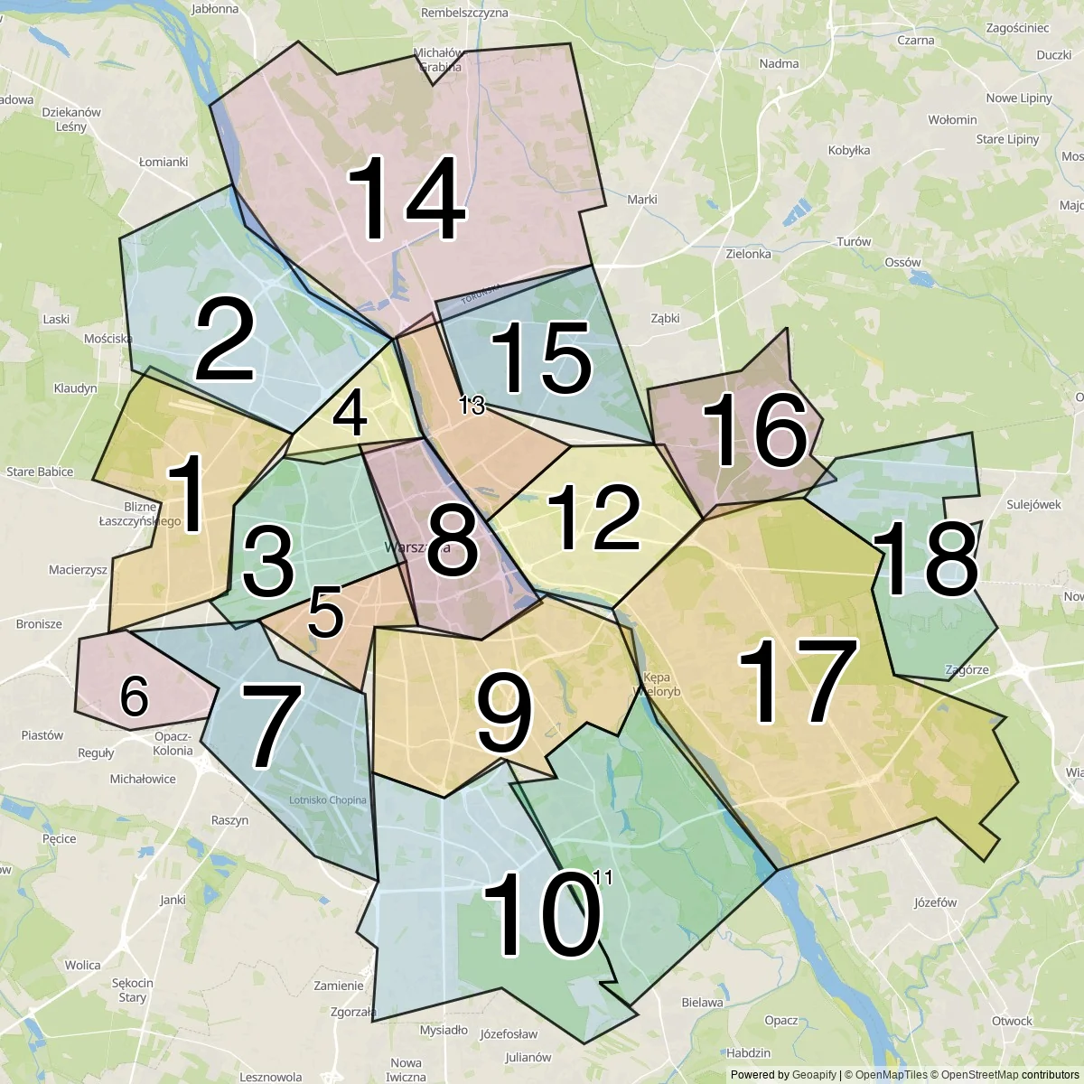 Warsaw districts map (18 Districts)