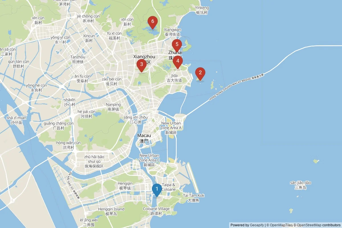 Zhuhai sights map — 6 in-city POIs across 2 cluster(s); day-trips listed in table