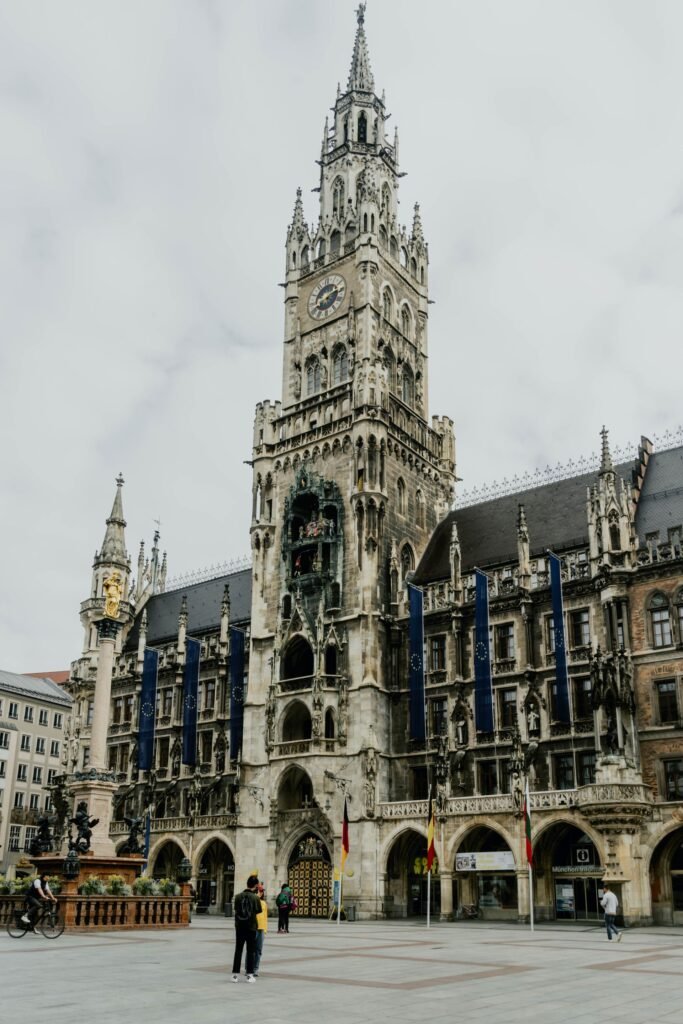 The neo-Gothic New Town Hall and its Glockenspiel tower on Marienplatz, Munich's central square