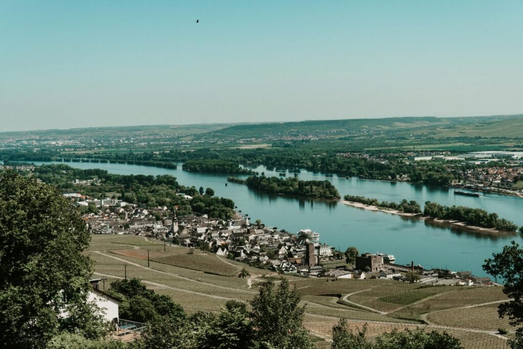 Aerial view of Rüdesheim am Rhein with terraced vineyards above the river Rhine, a classic day trip from Frankfurt